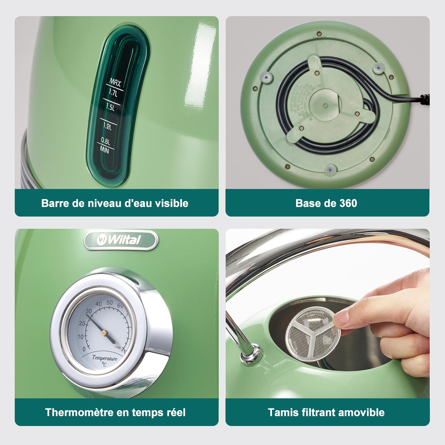 Bouilloire électrique rétro Wiltal, acier inoxydable, Vert, 1,8 litres