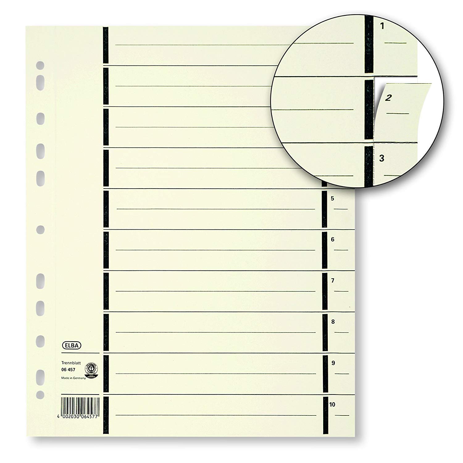 ELBA 400004671 Trennblätter aus Recycling-Kraftkarton für DIN A4 300er Pack mit Perforation mit Linienaufdruck chamois Trennlaschen Trennblätter Ordner Register Kalender Blauer Engel