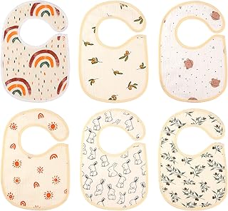 CATO Baby Drool Bibs,Muslin Baby Bibs,Side Snap Drool Bibs for Baby Girls Boys,Organic Cotton Teething Feeding Bibs for Baby with Waterproof Back Layer(6pcs)