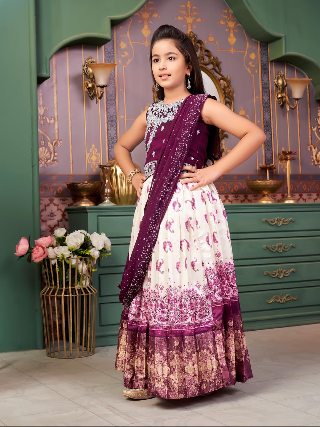 Aarika Girls Ethnic Wear Purple-Cream Colour Mirror Embroidery Georgette Lehenga Choli Set With Attached Dupatta-4-15 Years (Lch-9435)