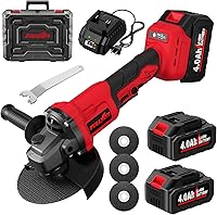 FULLYEA Cordless 4-1/2" Brushless Angle Grinder 12000 RPM, 2x4.0Ah Batteries, 3 Cutting Wheels - Metal Cutting Grinding Polishing Tool (Red)
