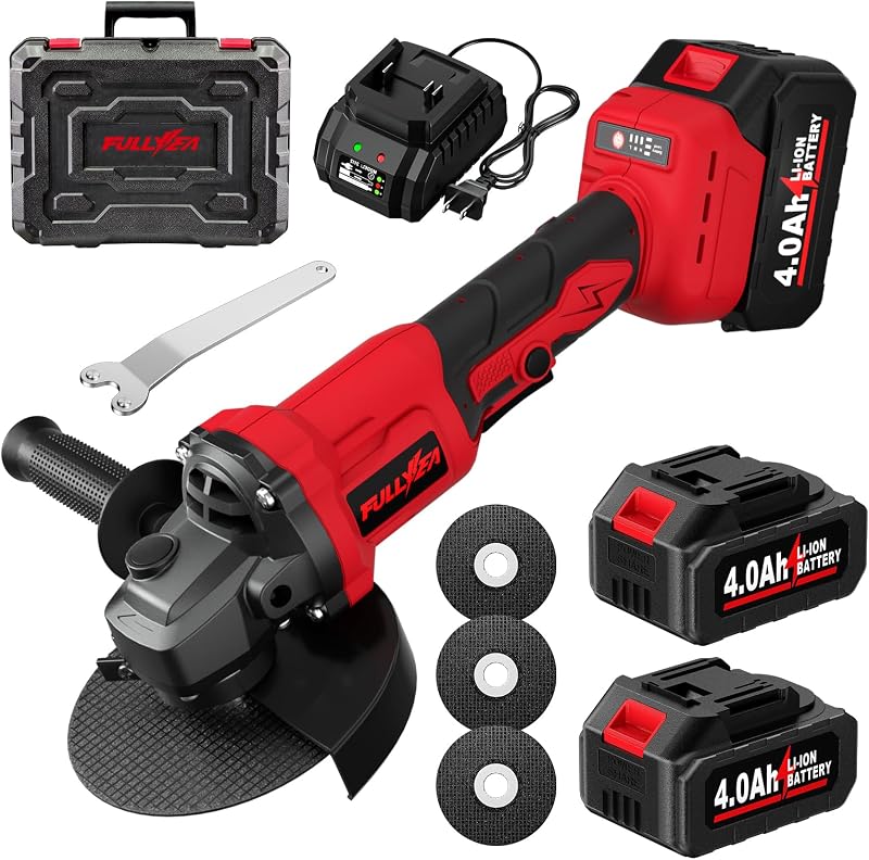 Cordless Angle Grinder 4-1/2", Brushless Angle Grinder Tool 12000 RPM, Power Angle Grinders with 2 * 4.0Ah Batteries & 3 Cutting Wheels, Electric Metal Grinder for Cutting, Grinding, Polishing (Red)