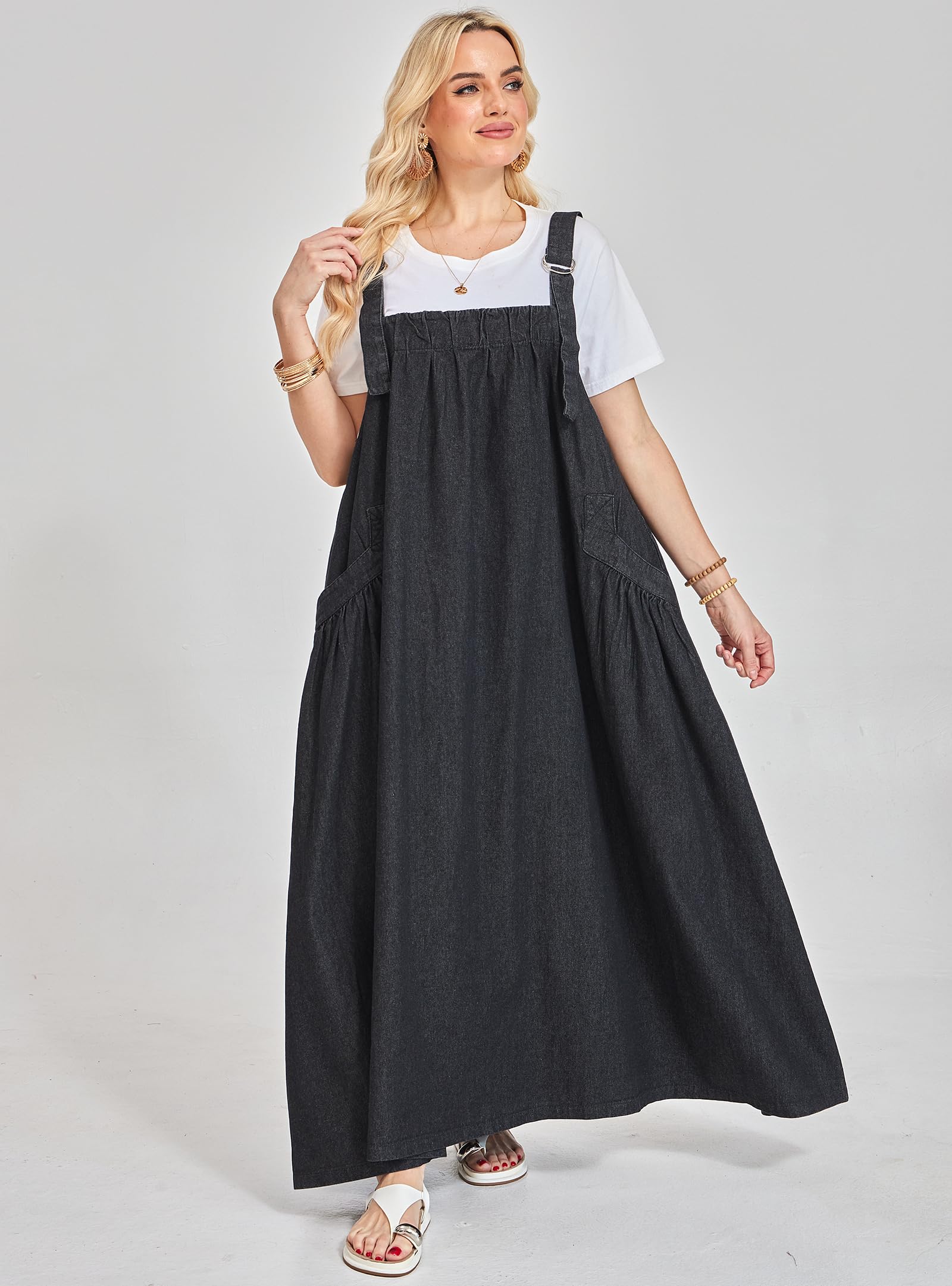 Vestido de mezclilla ancho para mujer, longitud máxima, tirantes ajustables, dobladillo ancho
