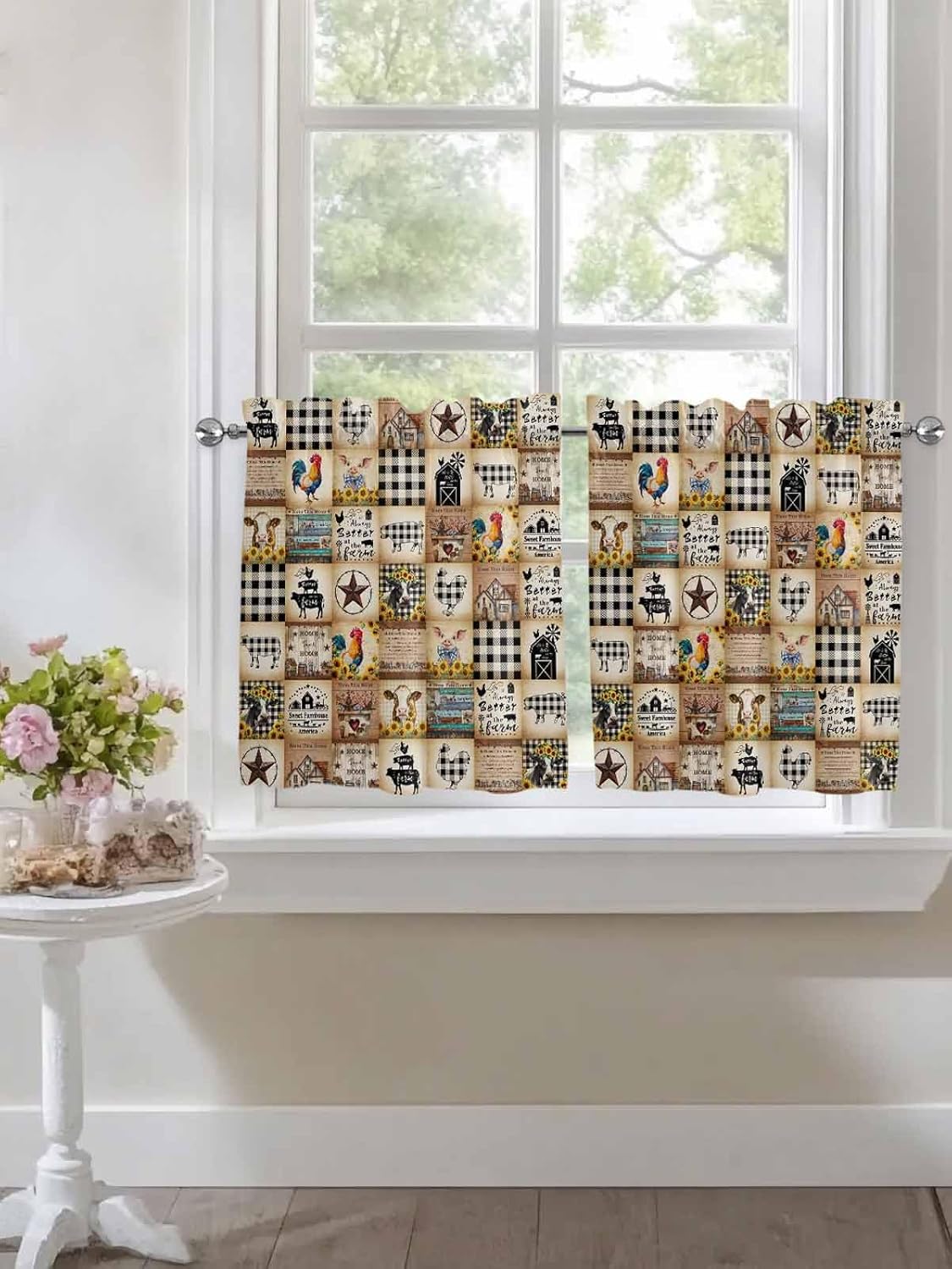PIEPLE Tier Curtains 36 Inch Length for Kitchen Sink, Farmhouse Animals Rod Pocket Kitchen Curtain, Farm Country Cow Pig Rooster Plaid Short Half Window Curtain Panels Drapes 27.5" W x 36" L 2 Panels
