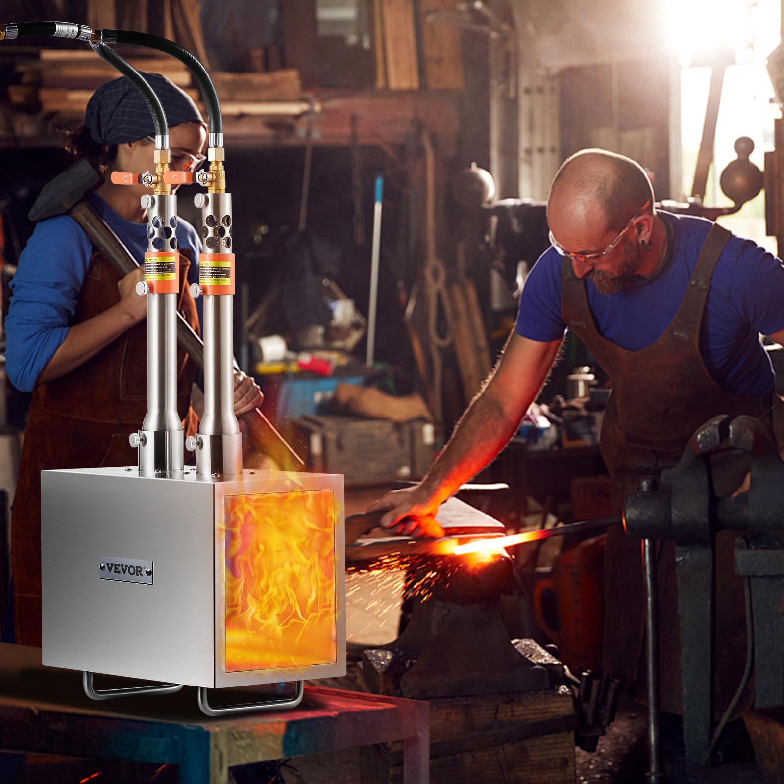 VEVOR Forgia a gas propano portatile, forno a gas quadrato con 2 bruciatori, temperatura max 1427 ℃, utensili e attrezzature per forgiatura a gas in acciaio inox, per colteliere Maréchaux-Ferrants