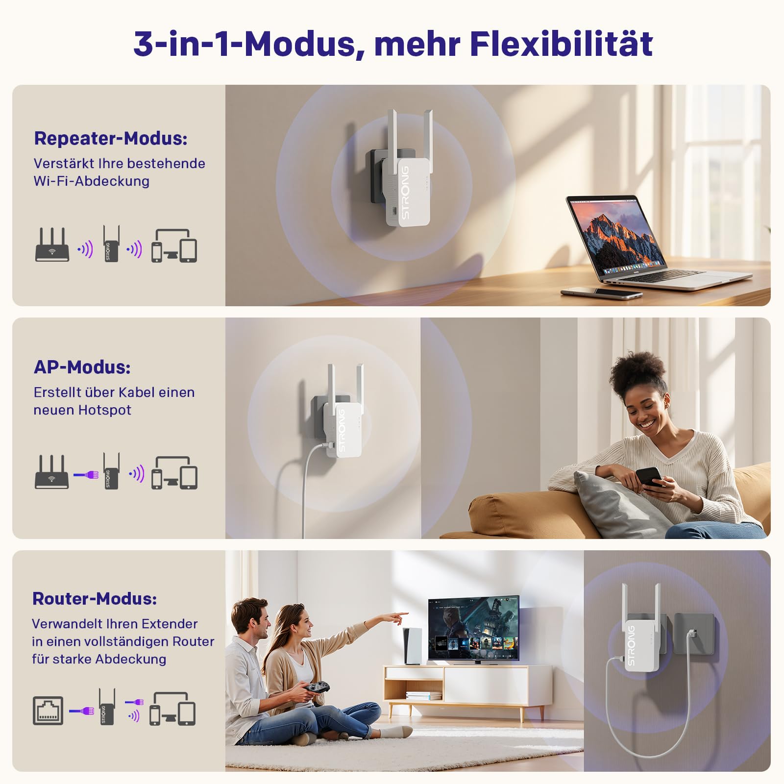 STRONG Wi-Fi 6 Repeater AX3000: 2-in-1 WLAN Verstärker und Access Point, Steckdosenlösung für Highspeed Internet bis zu 3000 Mbit/s, perfekt für Zuhause und Garten