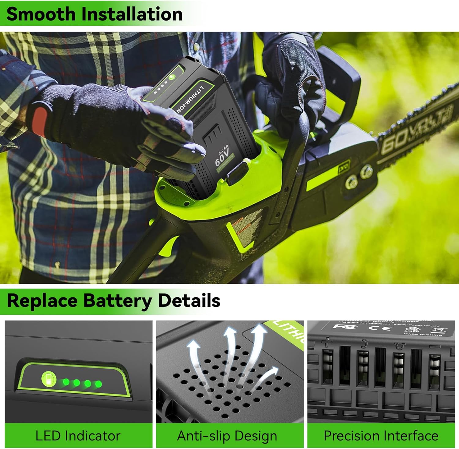 2 Packs 60V 5.0Ah Lithium Battery Replace for Greenworks 60V Battery, Compatible with Greenworks 60 Volt Batteries LB604, 2908502, LB6042, LB60A00, LB60A01, Fit for Green Works 60 Volt Power Tools - Image 5