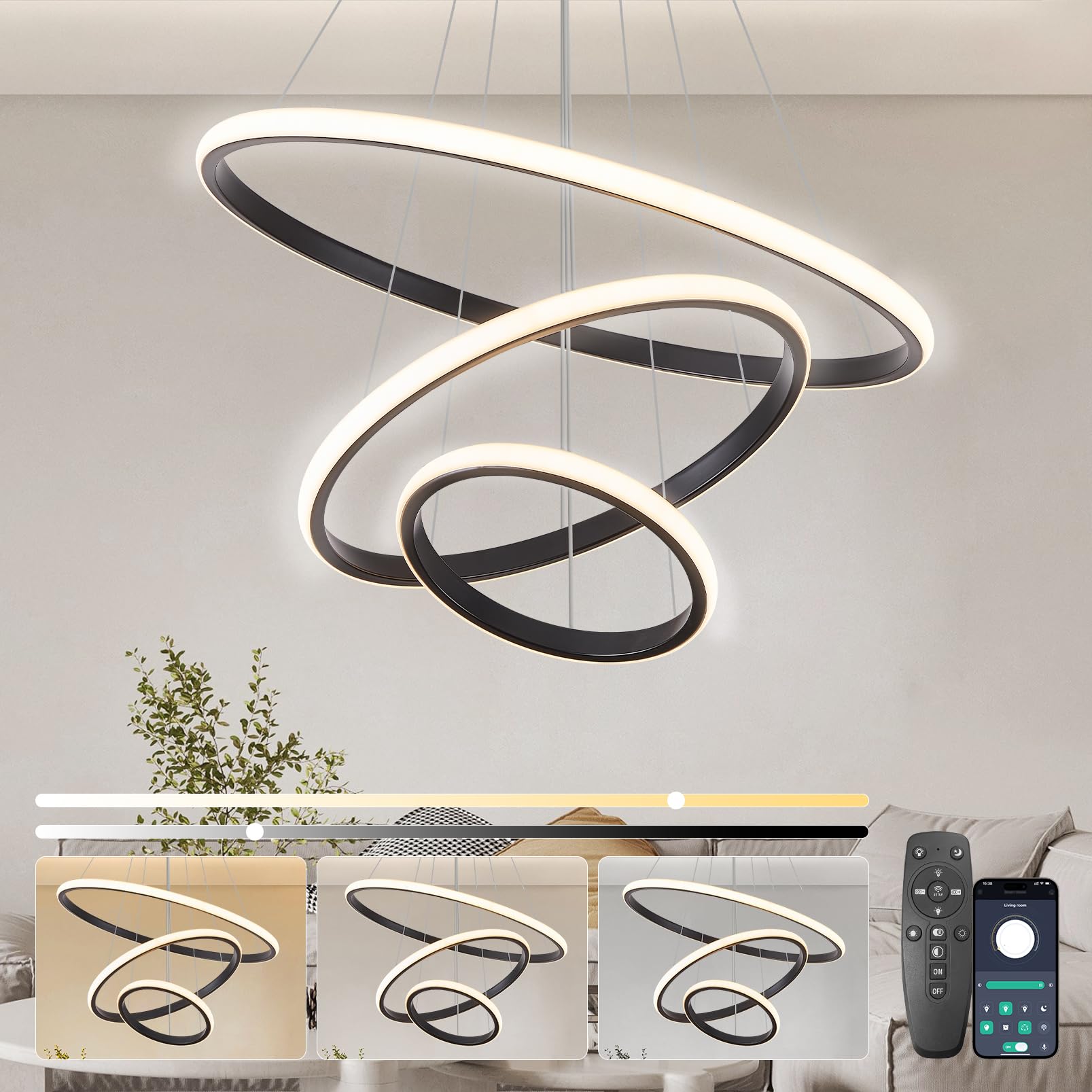 KSIBNW 3 Ringen Moderne LED Hängelampe Esstisch,45W LED Hängeleuchte & Pendelleuchten Höhenverstellbar für Esszimmer Wohnzimmer,Dimmbar Hängeleuchte Aluminium Mit Fernbedienung,3000K-6500K,Schwarz