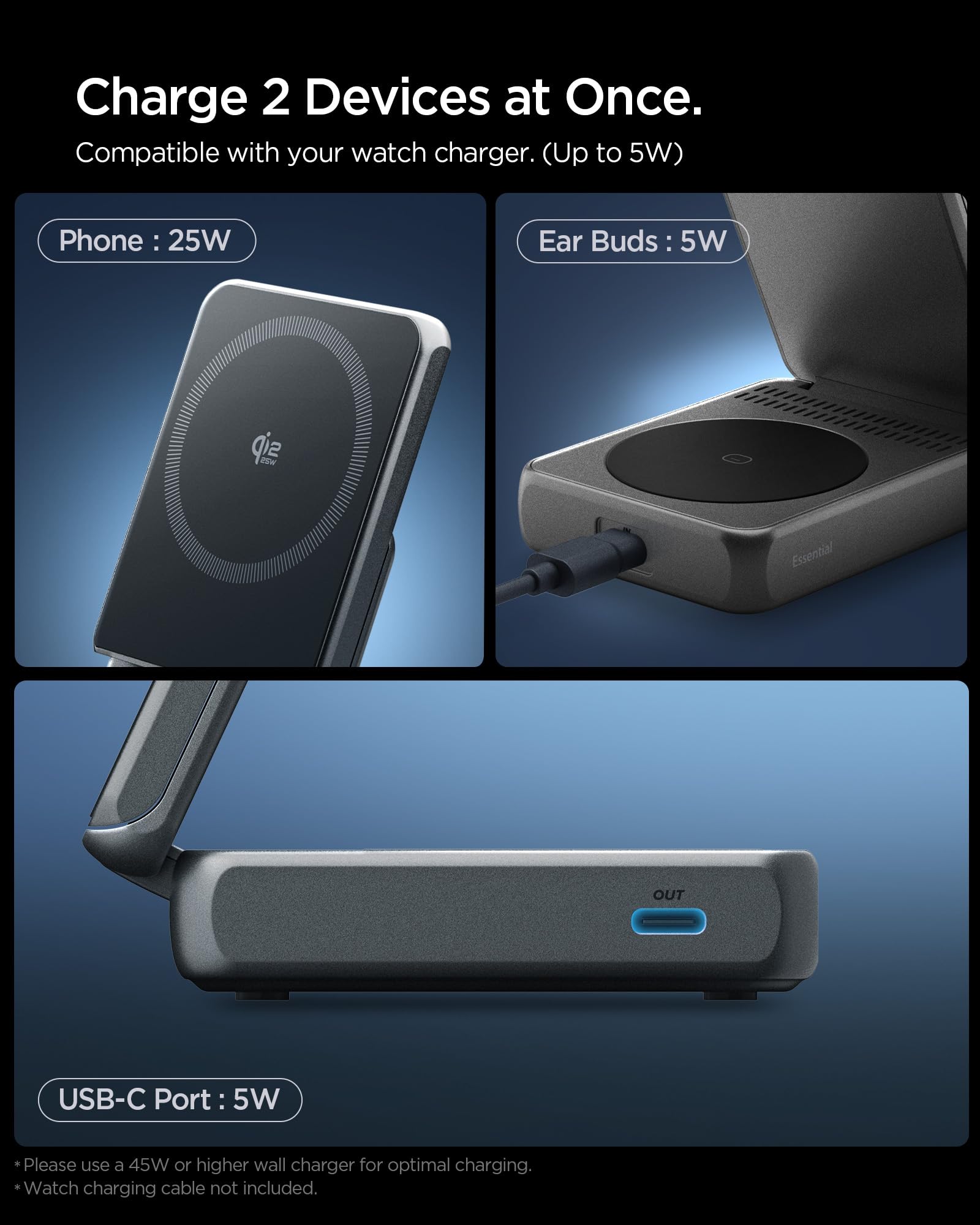 Spigen Essential Qi2.2 25W Chargeur Induction Rapide 2-en-1+C MagSafe [Câble USB-C Inclus] Station de Charge, Support pour iPhone 17e/17/16/15/14/13/12 Pro/Max, Pixel 10 Pro XL/Buds, AirPods - Noir