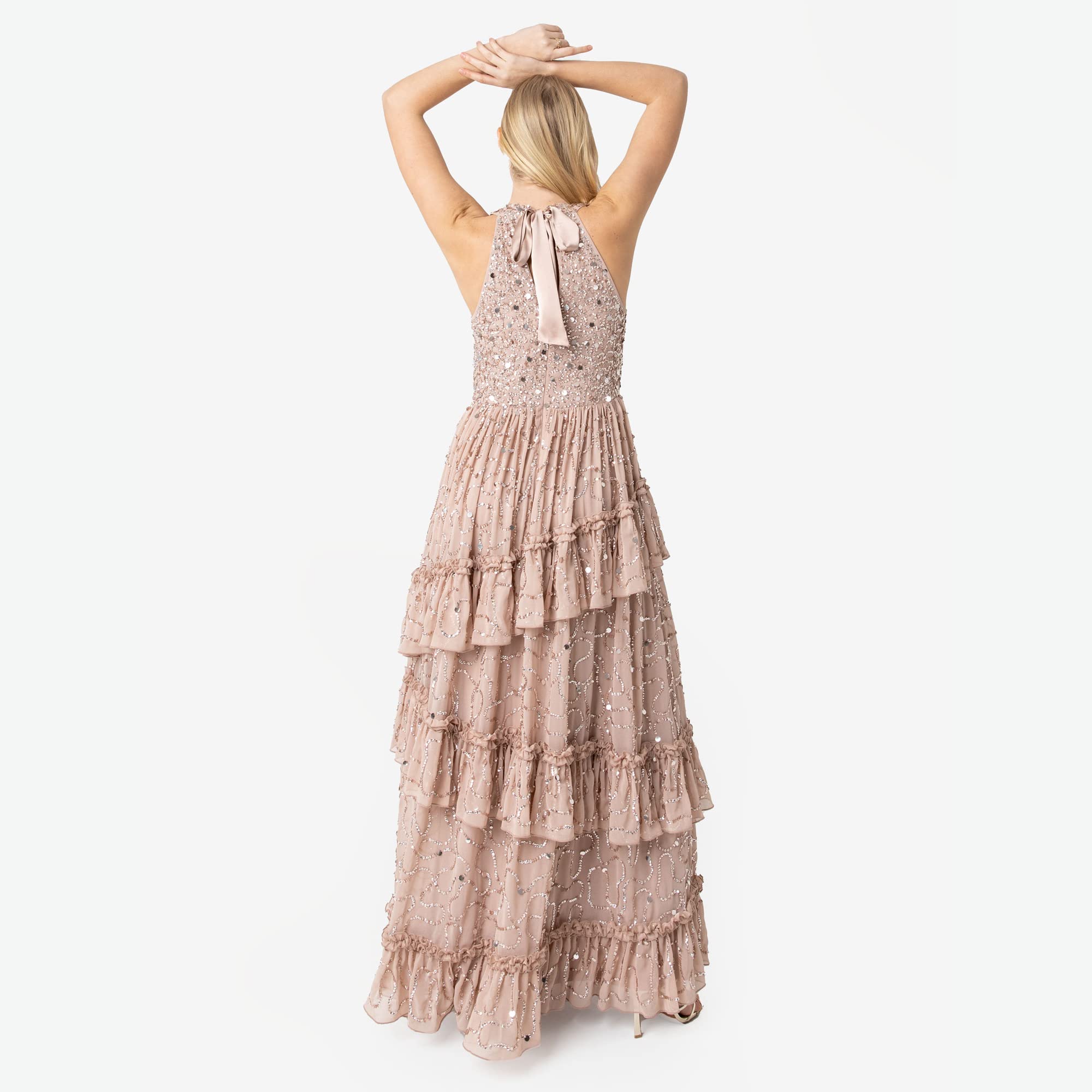 Maya Deluxe Womens Maxi Dress Ladies Embellished Ruffle Sleeveless Tie Back Dress for Wedding Guest Bridesmaid Prom Evening Occasion Vestito Donna