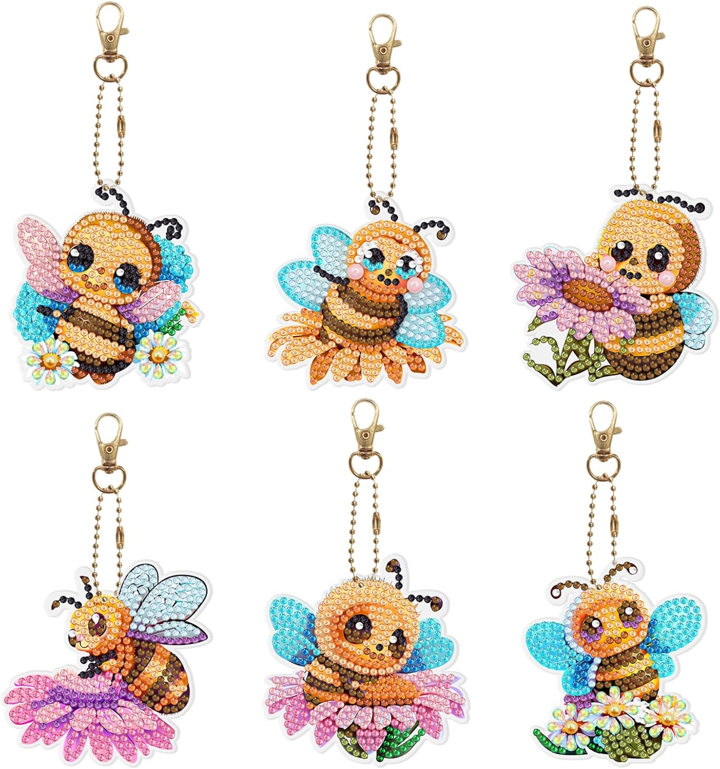 6 Pcs Diamond Art Key Chains Bees and Flowers Hanging Decorations DIY Kits 5D Small Diamond Art Painting Keychains Bee Ornaments Double Sided Beads by Number Crafts Key Ring Schoolbag Charm for