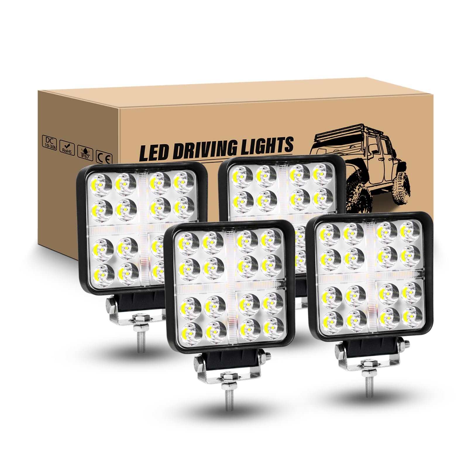 RIGIDON 4Pcs Faros de trabajo led, 4 Pulgadas 10cm 48W Blanco y ámbar Spot lámpara trabajo led, Exterior Foco led 12V 24V para Off road Camión Coche ATV 4x4 Tractor, Spotlights faros antiniebla