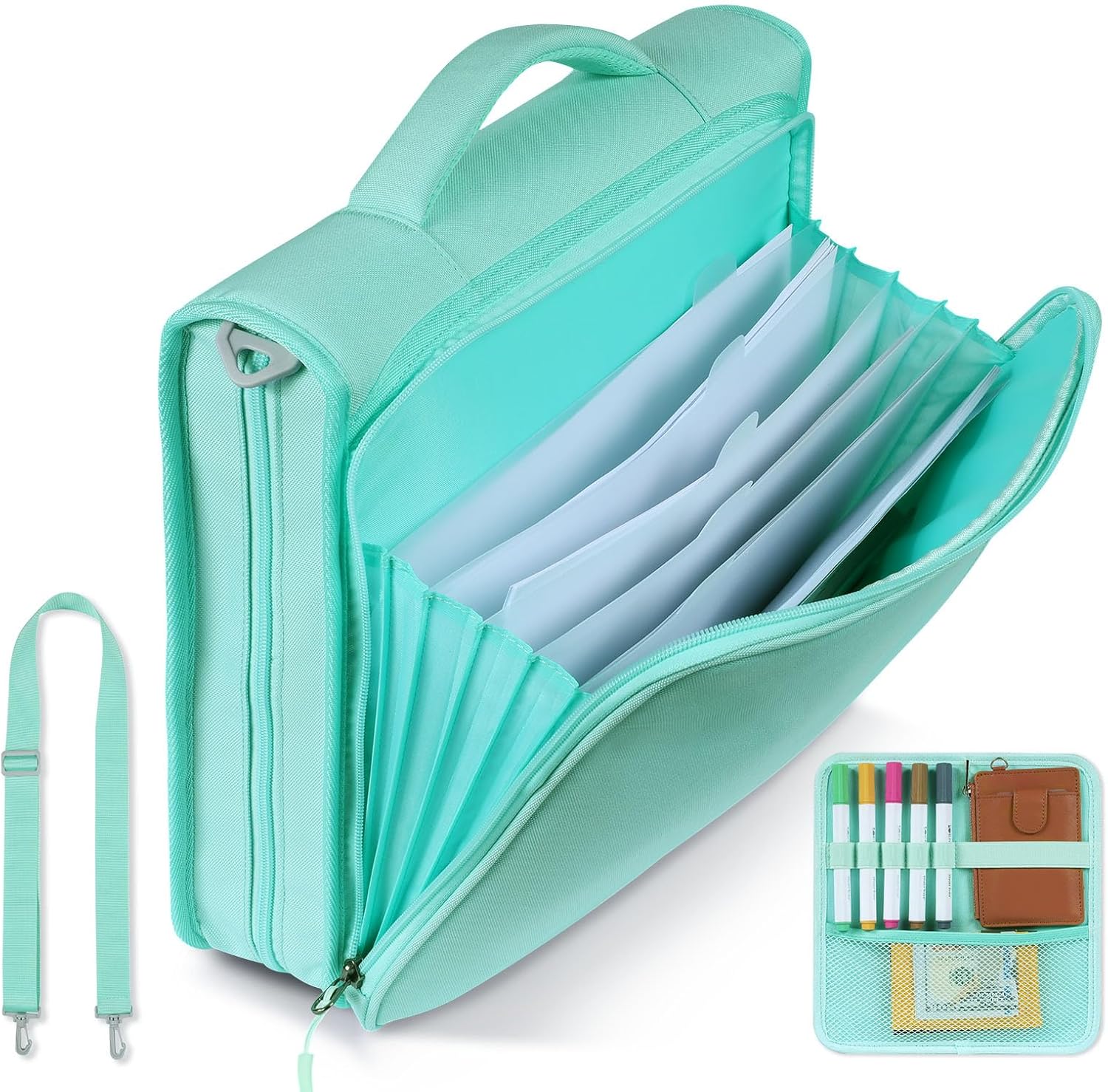 2 Inch 3 Ring Zipper Binder with Multi-Pocket, 6-Tab Expandable File Folder, Fits 14” Laptop, Zipper Bag Fits 500 Sheet Capacity with Handle & Shoulder Strap(Green)