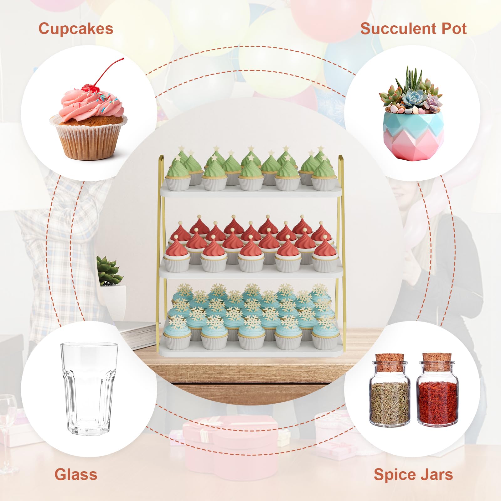 VyGrow Cupcake-Stand, 3-Stock-Dessertstand für 55 Cupcakes, Holz- und Metall-Turm-Display, Premium-Träger Dessertbaum-Turm für Weihnachten, Hochzeits- und Partydekoration, Weiß und Gold
