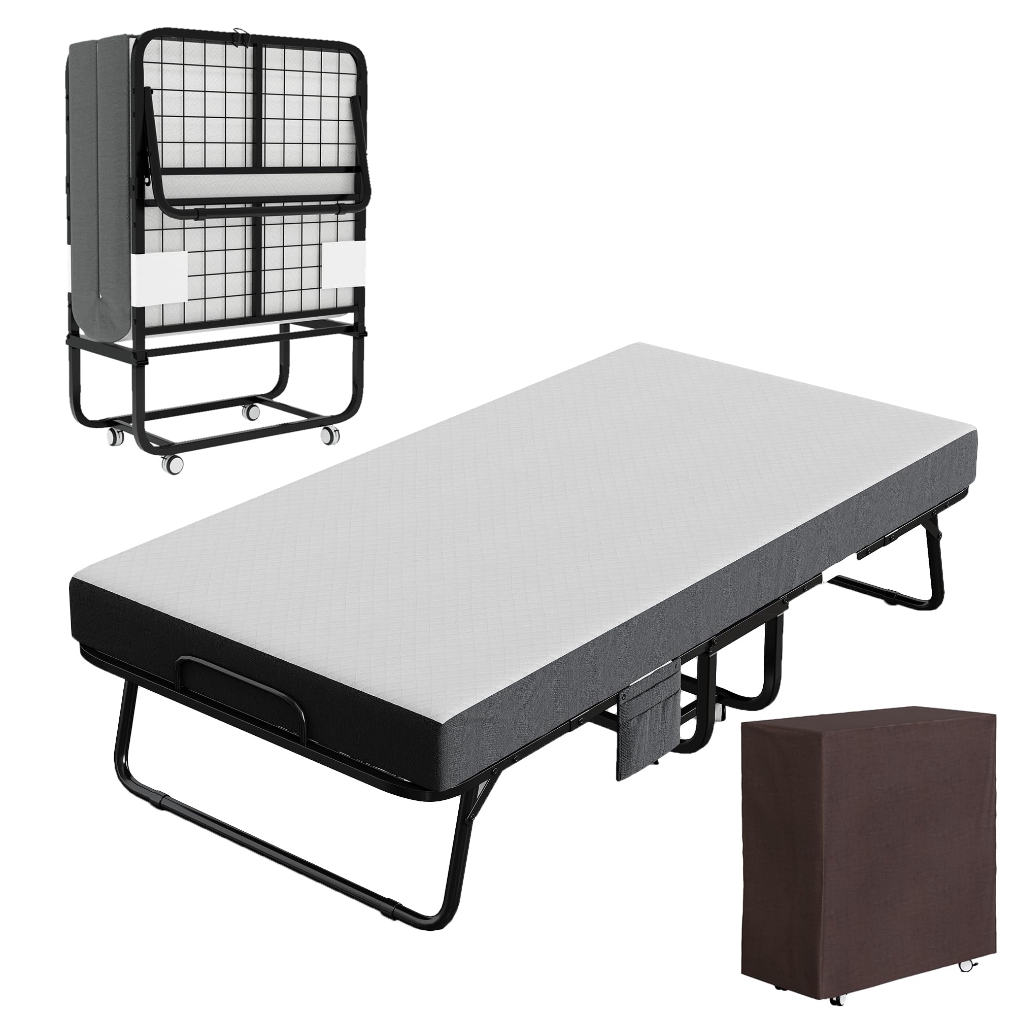 MUTUN 75" x 31" Folding Bed with Mattress, Foldable Portable Rollaway Guest Bed for Adults, Cot Fold-Up Bed with Fabric Storage Bag & 5 Inch Memory Foam Metal Frame Wheels