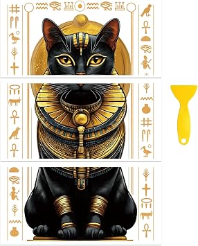 Peacoblue Rub-on Transfer Stickers for Furniture Decoration 15 x 30 cm Antique Egyptian Cats Pack of 3 Waterproof UV DTF Transfer for Drawers Dressers Glass Porcelain Wood Plastic