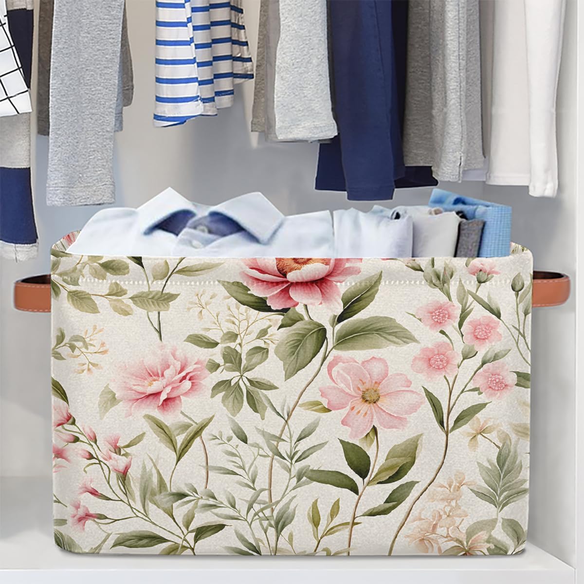 Wild Rose Flower Floral Rectangular Storage Bin Collapsible Storage Basket Organizer Boxes with Leather Handle Storage Cube for Shelves Toy Laundry Nursery 1 PC
