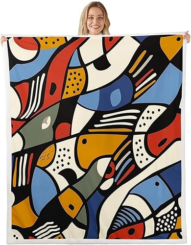 Irregular Graphics Fleece Blanket,Colorful Stripes Spots Plush Blanket for Kids Teens Boys Girls,Geometric Graffiti Blanket for Sofa Bedroom Office