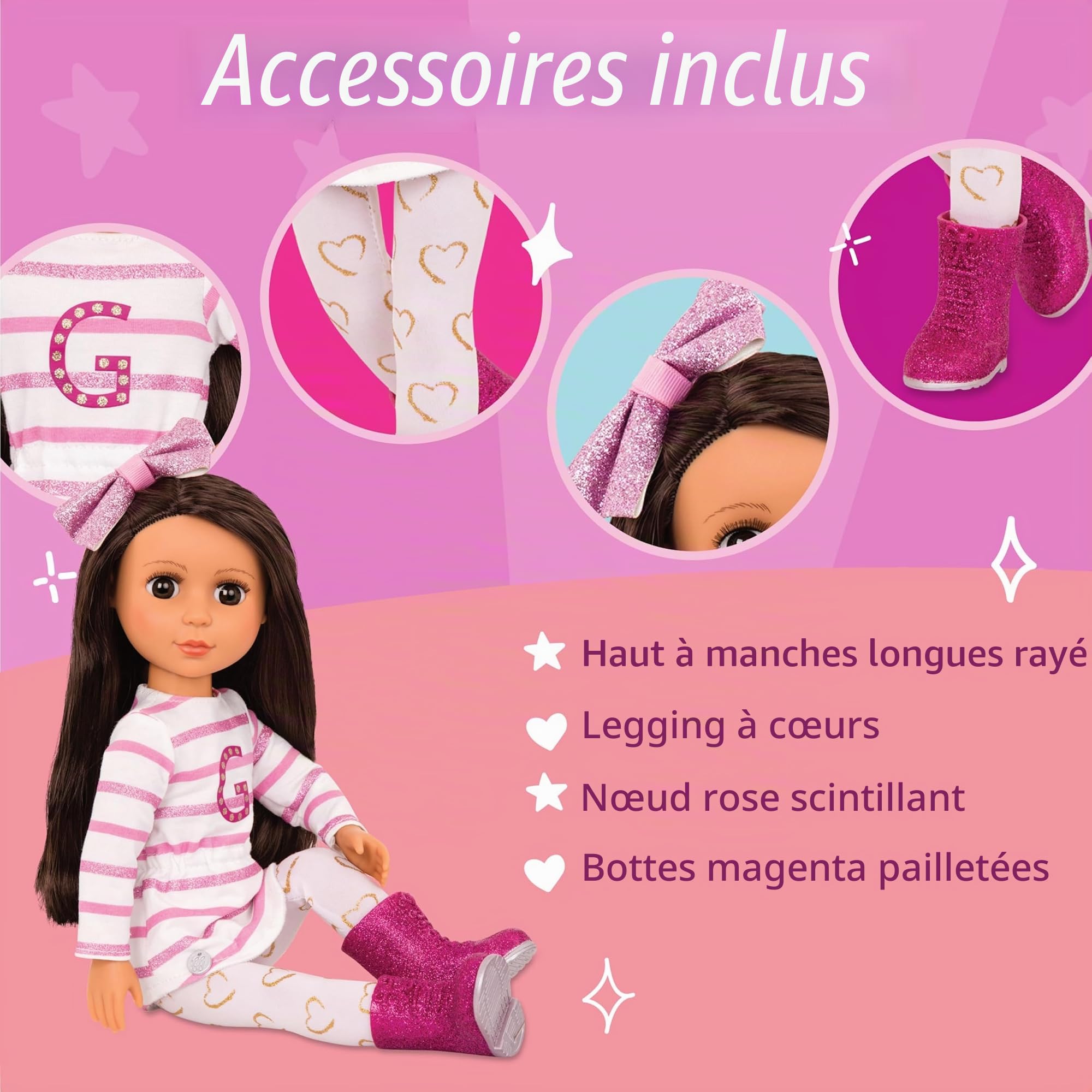 Glitter Girls - Sarinia - Poupée de Mode posable de 36 cm - Cheveux Bruns raides et Yeux Bruns - Tunique rayée et Bottes à Paillettes - Nœud pour Les Cheveux et Leggings à cœurs - 3 Ans et +