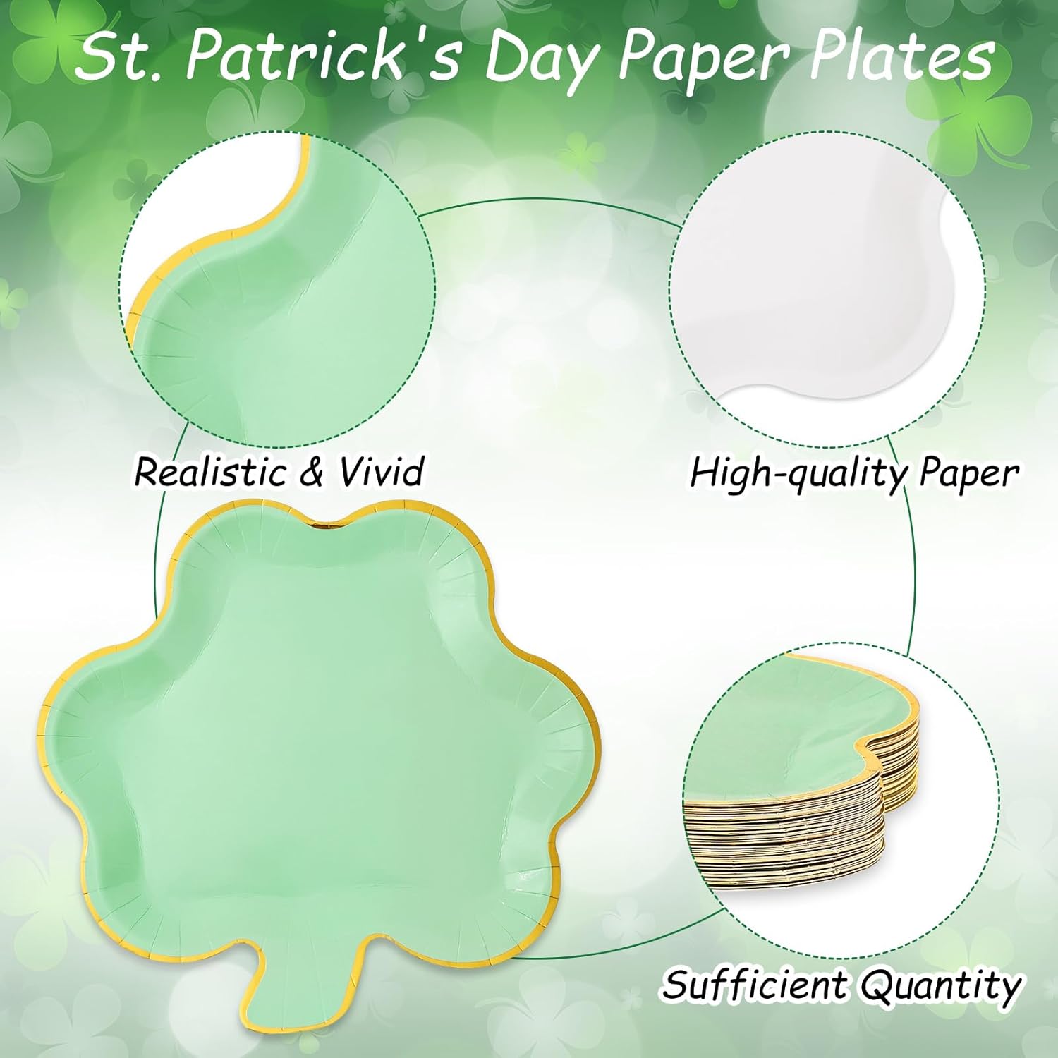 Whaline 40Pcs St. Patrick's Day Paper Plates Mint Green Shamrock Shaped Disposable Plates Gold Foil Edged Dinnerware Plates for Irish Holiday Party Supplies Table Decor, 9.1x8.7 in
