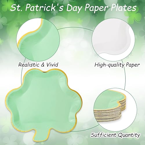 Miniatura 3 de Whaline 40 platos de papel del día de San Patricio, platos desechables con forma de trébol verde menta, platos desechables con bordes de lámina