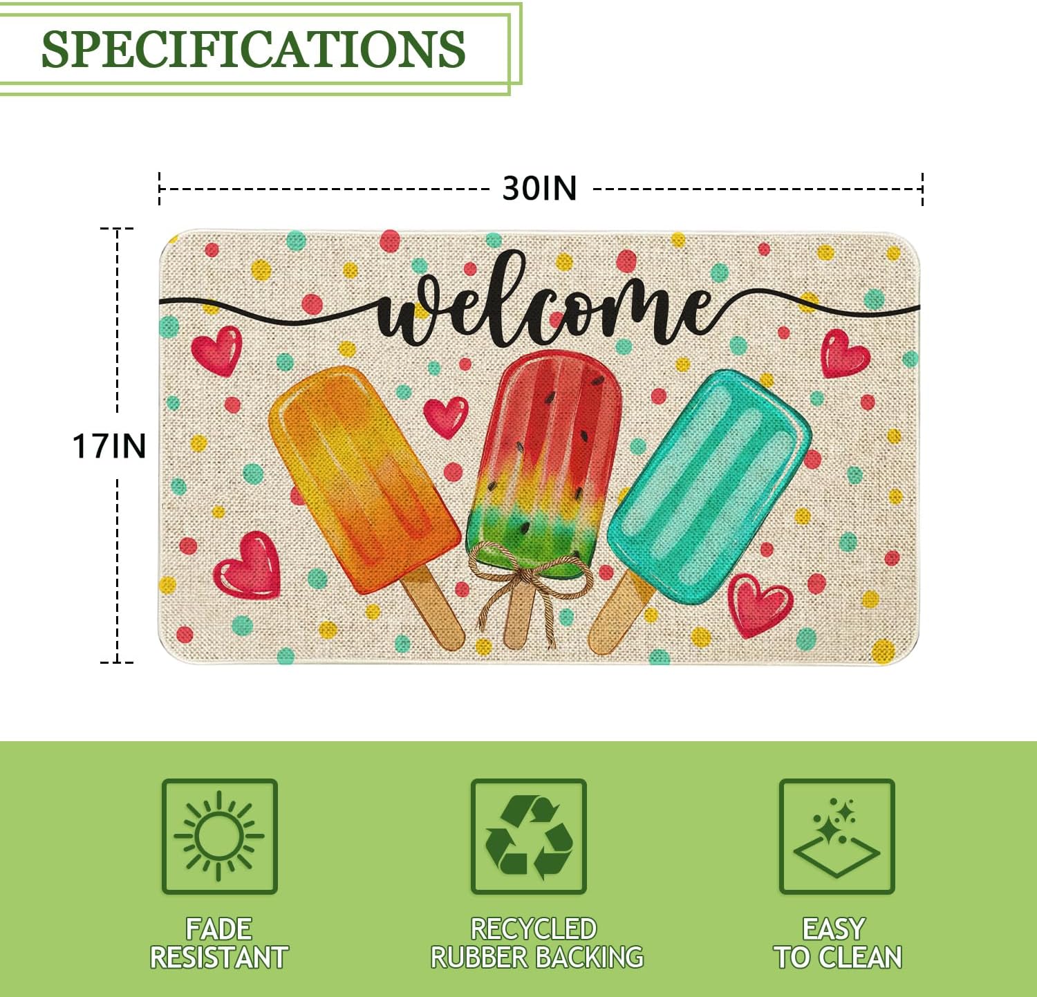 Summer Welcome Doormat 30x17 Inch Summer Popsicles Door Mat for Indoor Outdoor Entrance Non-Slip Washable Floor Mats Seasonal Home Decor Rugs