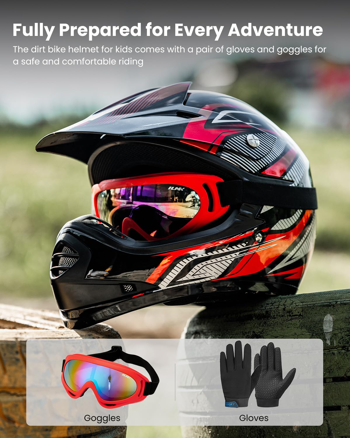 ILM Dziecięcy kask motocyklowy Cross Dirt Bike dla chłopców i dziewcząt, uniseks, homologacja ECE22.06 Full Face Off Road ATV Enduro MTB z rękawicami Gogle Model B07, czarny czerwony, XL