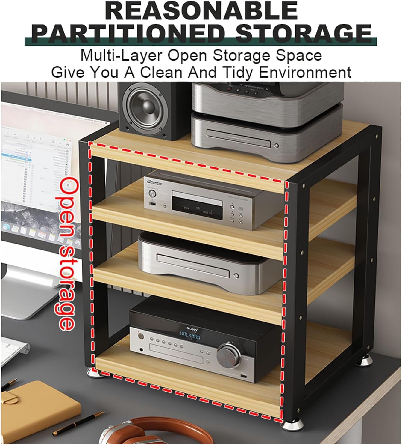 Mobile Porta TV a 4 Ripiani per Giradischi, Lettori Dvd, decoder e Console di Gioco, con Design salvaspazio.
