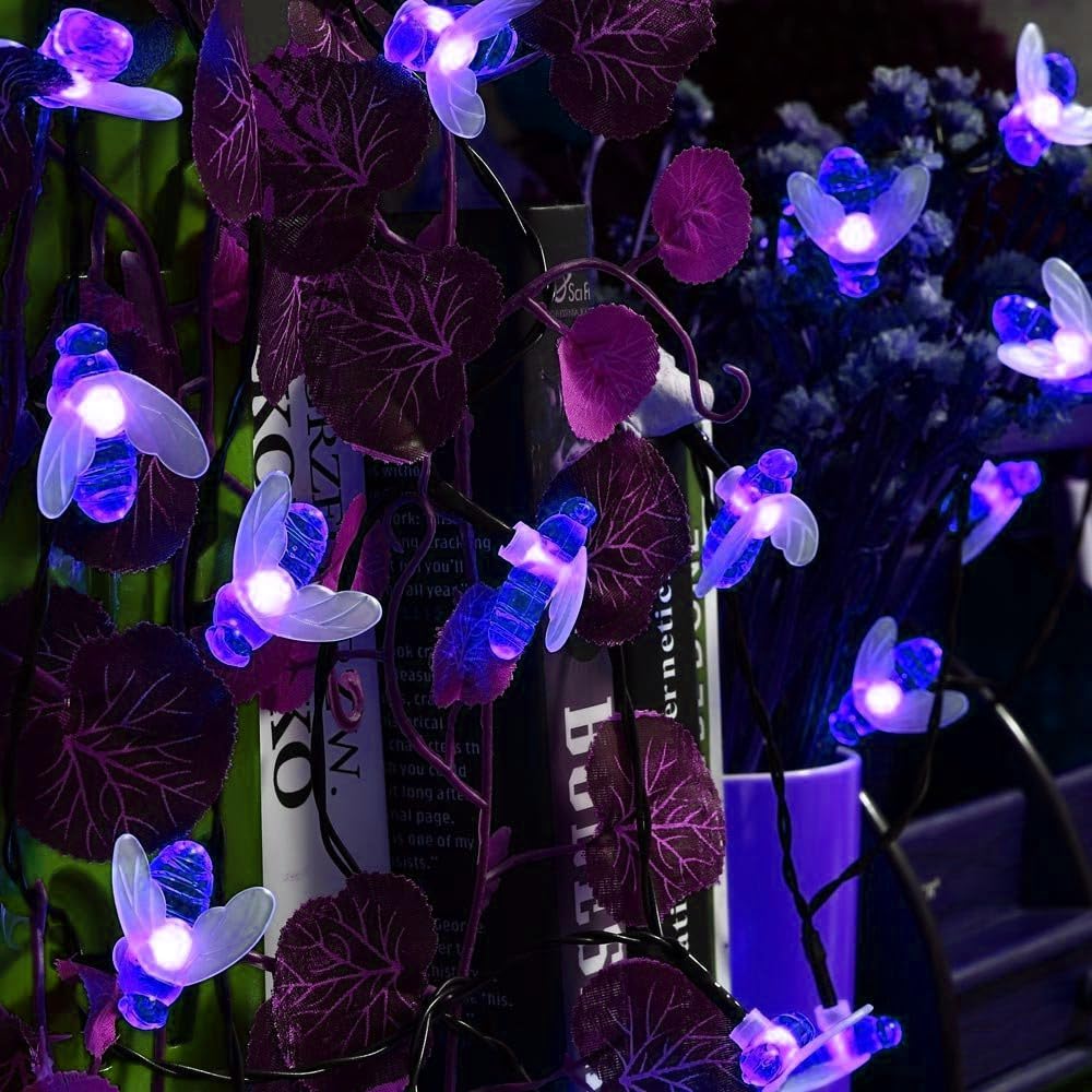 OKQYIMAQQ Solar Honeybee String Lights Outdoor, 7m 50LED Solar Bumble Bee String Lights Waterproof 8 Mode for Garden Yard (Purple)