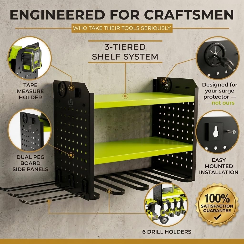 BUILTSTRONG Wandhalterung für Elektrowerkzeug-Organizer, 3-stöckig, robustes Stahlregal, 6 Bohrschlitze, zwei Stecktafelseiten, nebeneinander modular, 45,4 kg Kapazität, Garage und Werkstatt (grün)