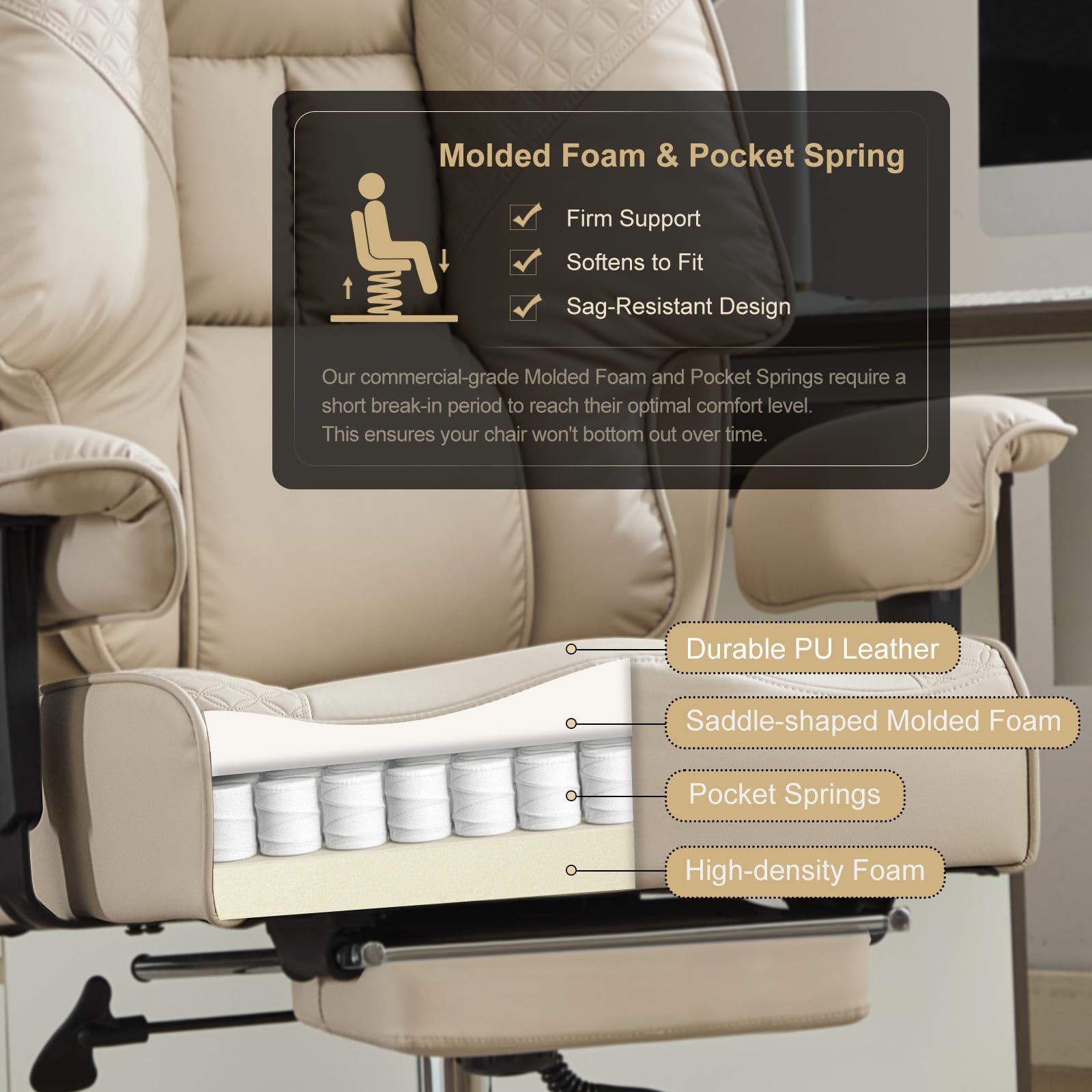 EXCEBET Big and Tall Office Chair 400lbs Wide Seat, Leather High Back Executive Office Chair with Foot Rest, Ergonomic Chairs Lumbar Support for Lower Back Pain Relief (Beige) - 5