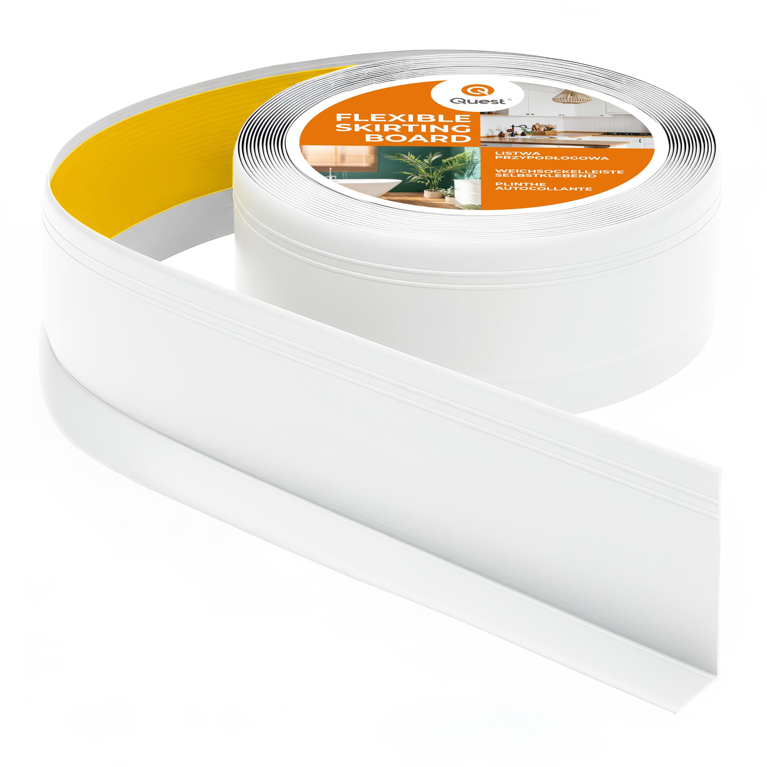 Quest Battiscopa in PVC morbido autoadesivo, battiscopa con fresatura, 70 mm x 20 mm, listello di finitura per cucina, bagno, parete, pavimento, decorativo, resistente ai raggi UV, 25 m, bianco