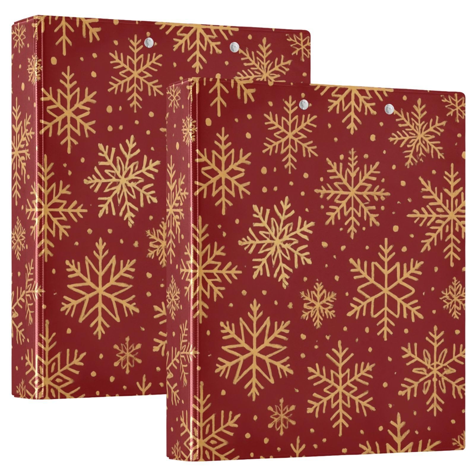 Carpeta de 3 anillos, carpeta de anillos en D rojos con copos de nieve dorados y beige, paquete de 2 | Con portapapeles y bolsillos, para escuela, universidad, oficina