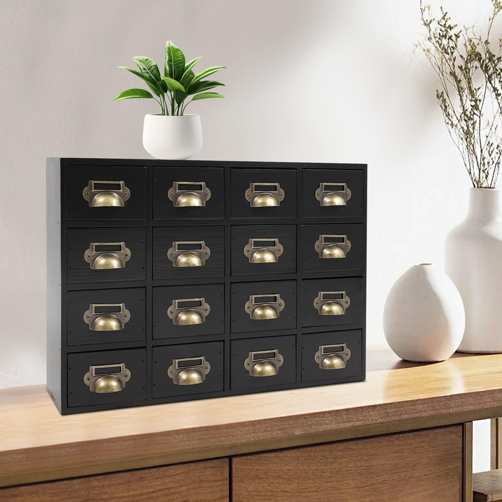 Scatola portaoggetti da tavolo con 16 cassetti, organizer da scrivania in legno, pronto all'uso, per forniture di ufficio, gioielli, medicinali (nero)