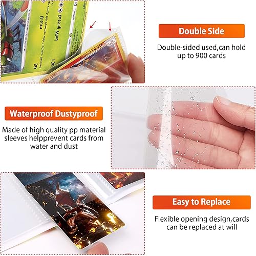 Miniatura 3 de Carpeta para tarjetas coleccionables, 900 tarjetas con 50 fundas extraíbles, 9 bolsillos, carpeta de cuero sintético, carpeta de colección de