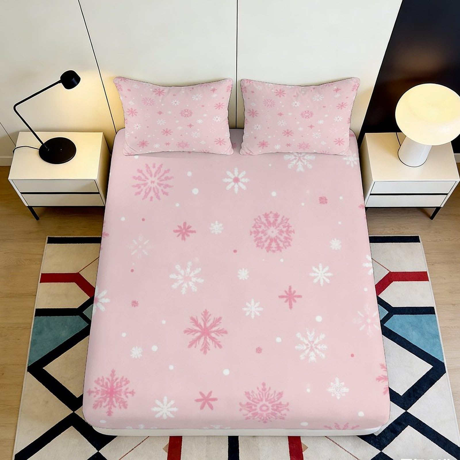 3D Printed Snowflake Fitted Sheet Microfiber Non-Slip Deep Pocket Snowflake Mattress Fitted Cover Full Wrap Washable for Bedroom 90x200x25cm