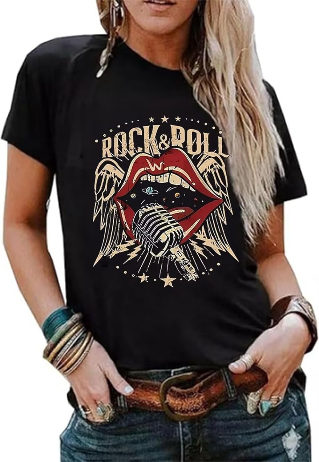 Rock N Roll Shirt Women Vintage Rock Music Graphic Shirt Country Music Tee Funny Letter Printed Casual Short Sleeve Tops