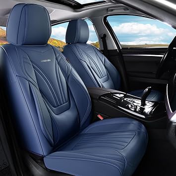 Coverado Car Seat Covers Front Seats, 2 Piece Car Seat Protector with Lumbar Support & Removable Headrest, Breathable Leather Seat Cushion Universal Fit for Truck Automotive Vehicles Blue