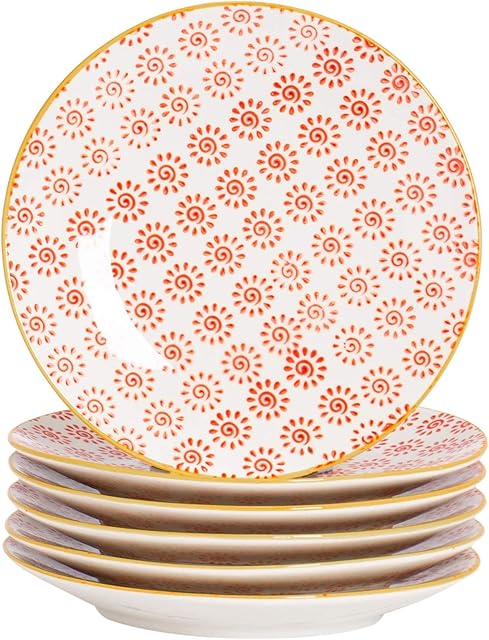 Nicola Spring 6 Piece Hand-Printed Side Plate Set - Japanese Style Porcelain Dessert Bread Plates - Turquoise - 18cm