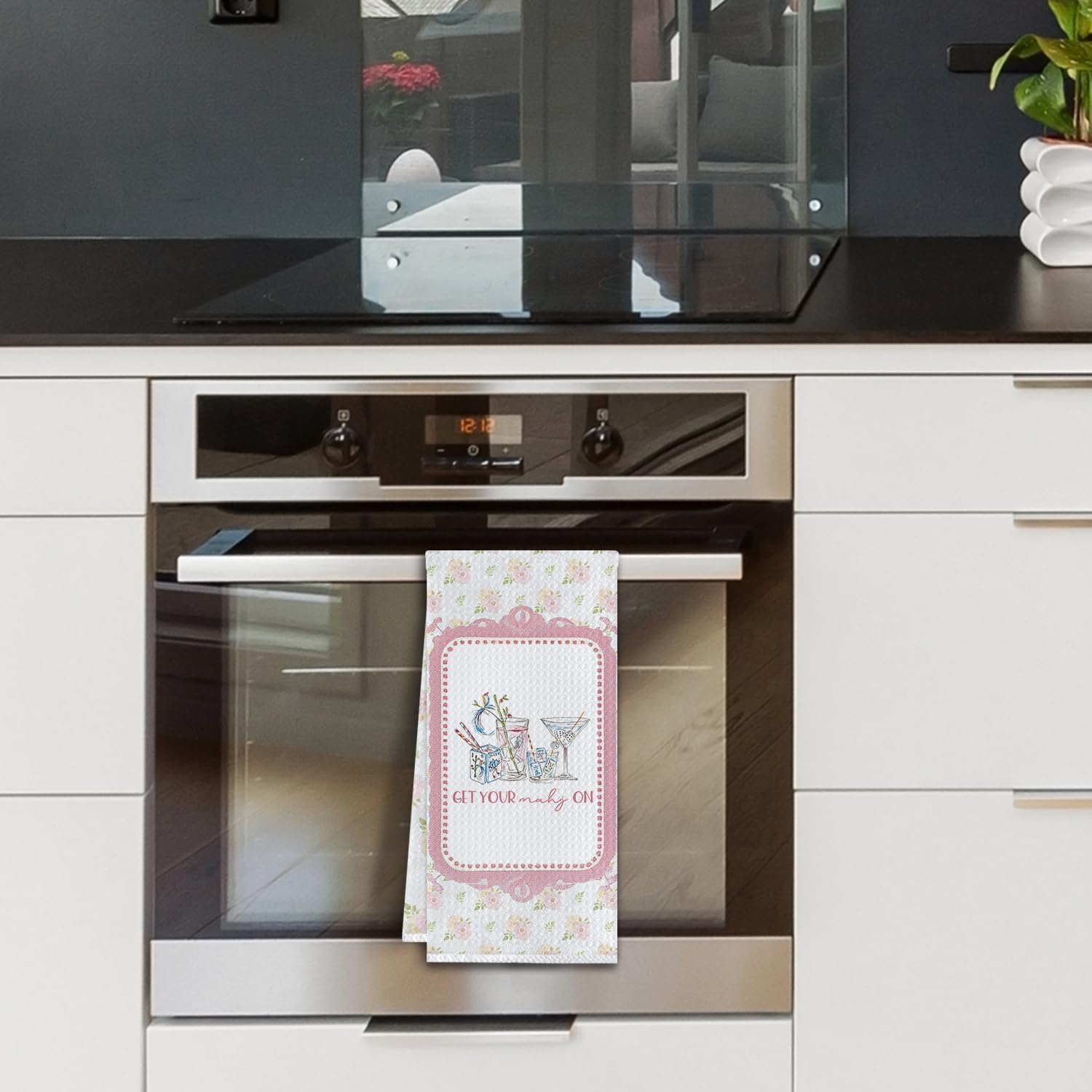 Pink Floral Mahjong Cocktail Kitchen Towels, Cocktail Lovers Gifts Dish Tea Towels for Kitchen, Grandmillennial Flower Mah Jong Decorative Hand Towel for Bar Pub, 16x24 Inch - Image 5