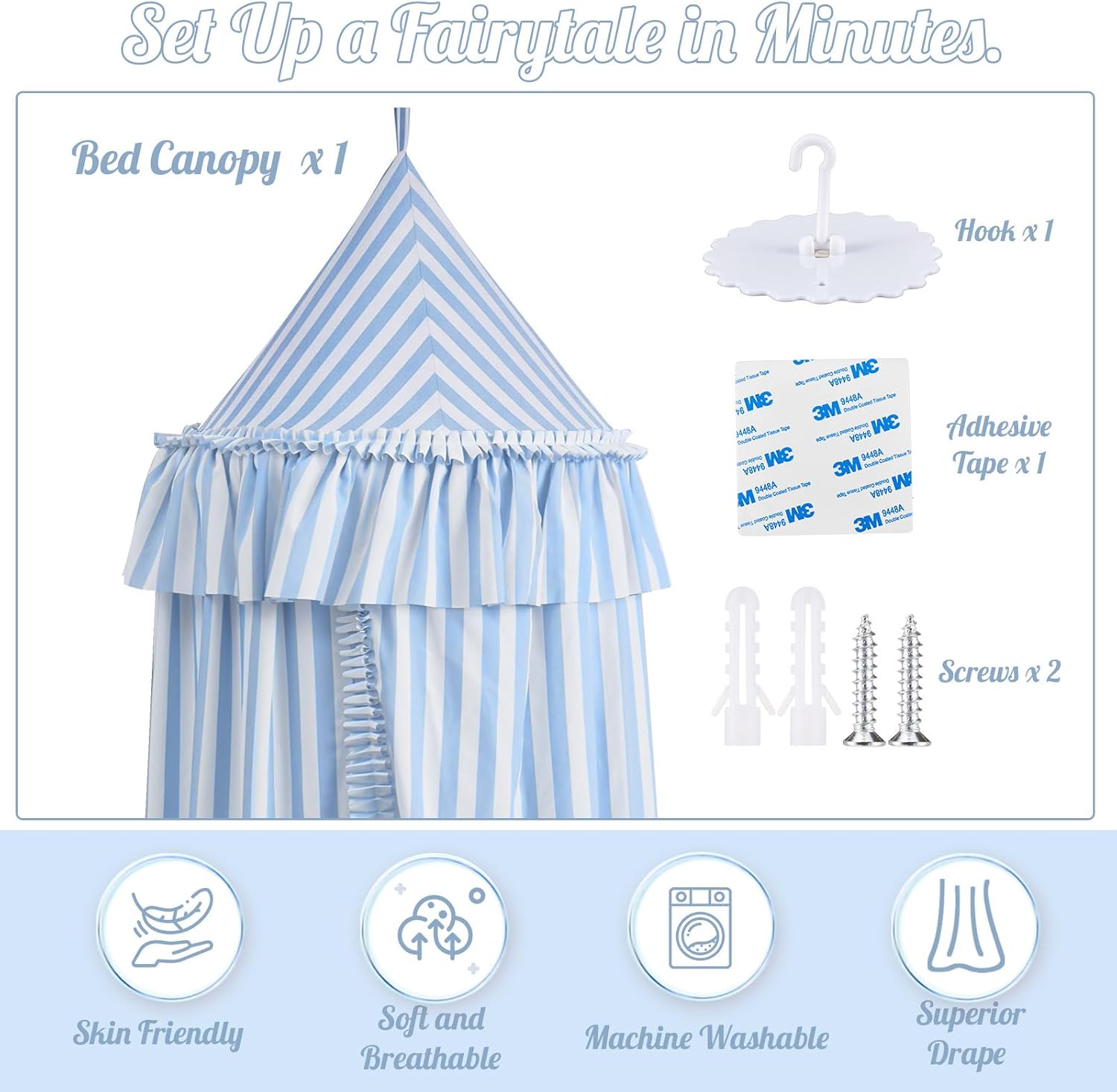 SmoothNovelty Blue Striped Bed Canopy with Ruffles, Soft Cute Decorative Tent, Hanging Bed Curtains for Reading Nook Play Area, Adult Bedroom Circus Tent Canopy