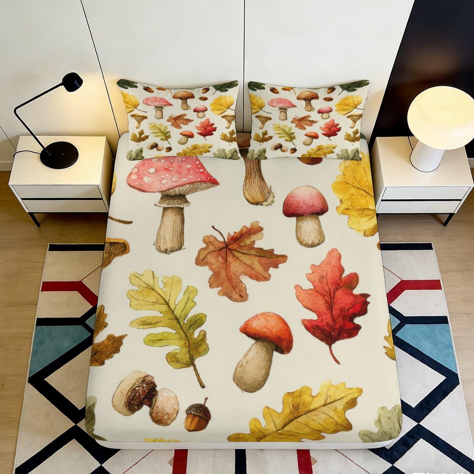 3D Printed Autumn Leaves Fitted Sheet Microfiber Soft Mushrooms Bed Cover for Bedroom Dorm Rental Mattress Decor 90x200x25cm