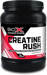 BioX Creatine Rush - 100% Pure Micronized Creatine Monohydrate, 5 Grams of Creatine Monohydrate Per Scoop, Vegan and Vegetarian Approved, Unflavoured (1000g) - Packaging May Vary