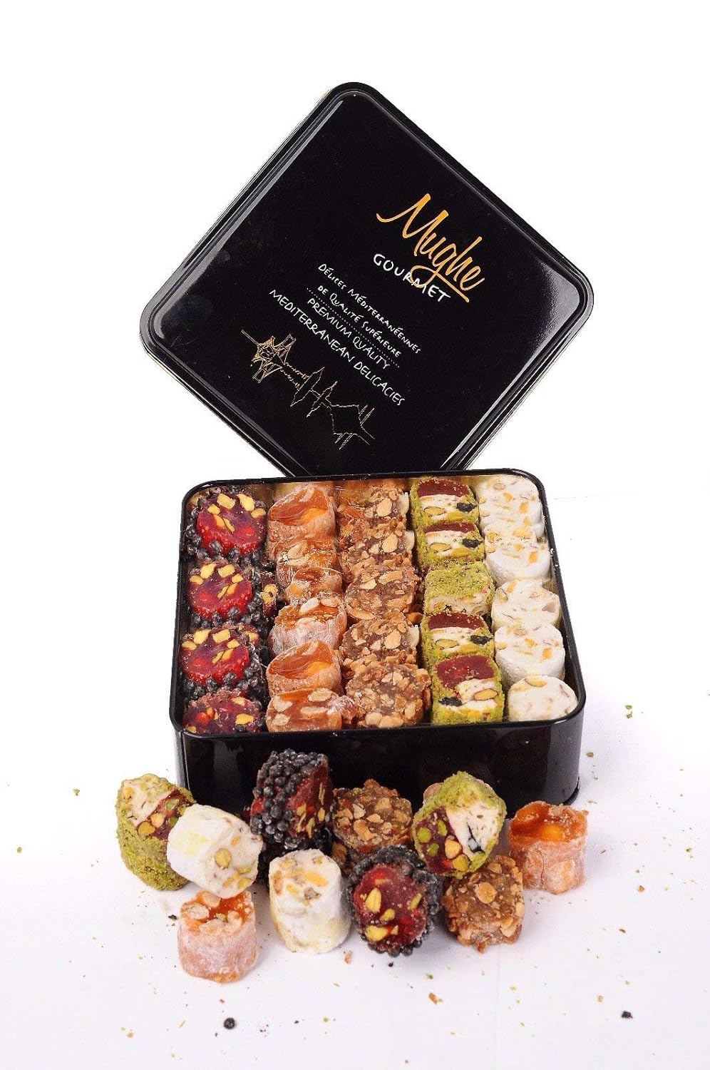 Mughe Gourmet Luxury Sultan Pistachio Turkish Delight Candy Elegant Gift Tin Box - Lokum Delights Orange, Hazelnut, Almonds - 2.2lb/1000g/54pc - Perfect Gifts for Mother's Day, Father's Day, Birthday