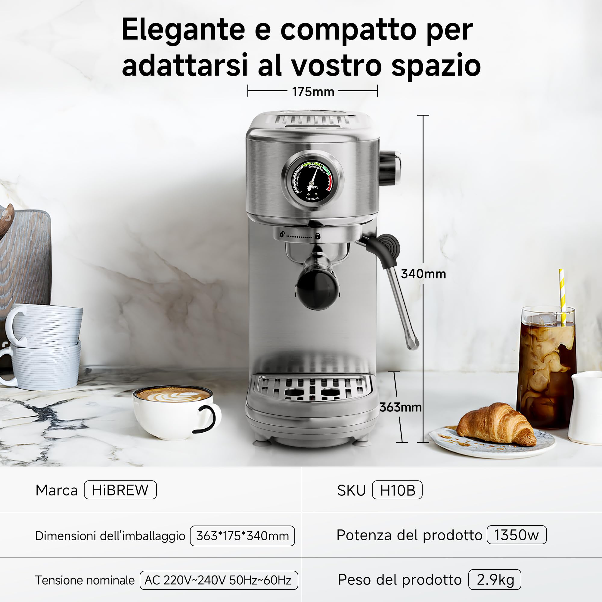 HIBREW Macchina per caffè espresso programmabile, H10B, acciaio inox spazzolato, temperatura regolabile e volume tazza, pulitore a vapore per montalatte