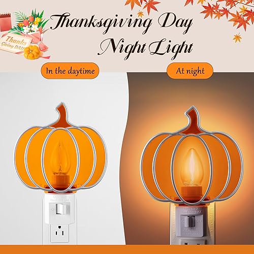Miniatura 4 de Meonum Luz nocturna de calabaza de Acción de Gracias enchufable a la pared, luz de temporada de calabaza naranja brillante alimentada por bombilla