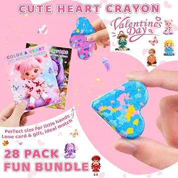 CRIOLPO Valentines Cards for Kids Classroom, 28 Pack Heart Crayons Valentines Day Cards For Kids School Valentine Gifts for Party Favors Prizes Classroom Exchange for Boys Girls