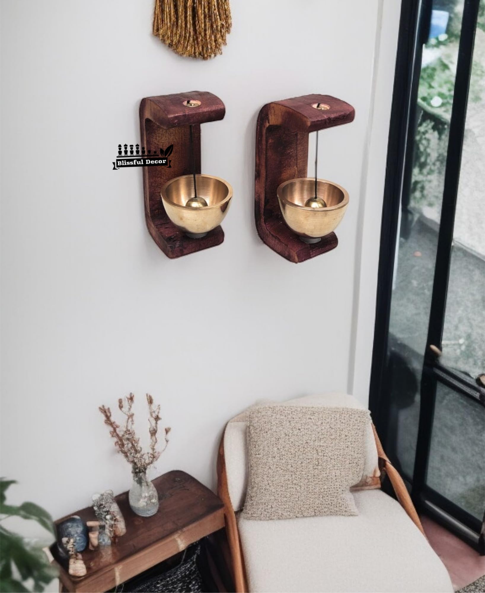 Wind Chime Entry Chime Decoration Wooden Door Chime with Brass Bell, Dopamine Door Bell for Home, Self-Adhesive Magnetic Doorbell, Serene Acoustic for Home & Shop, 1