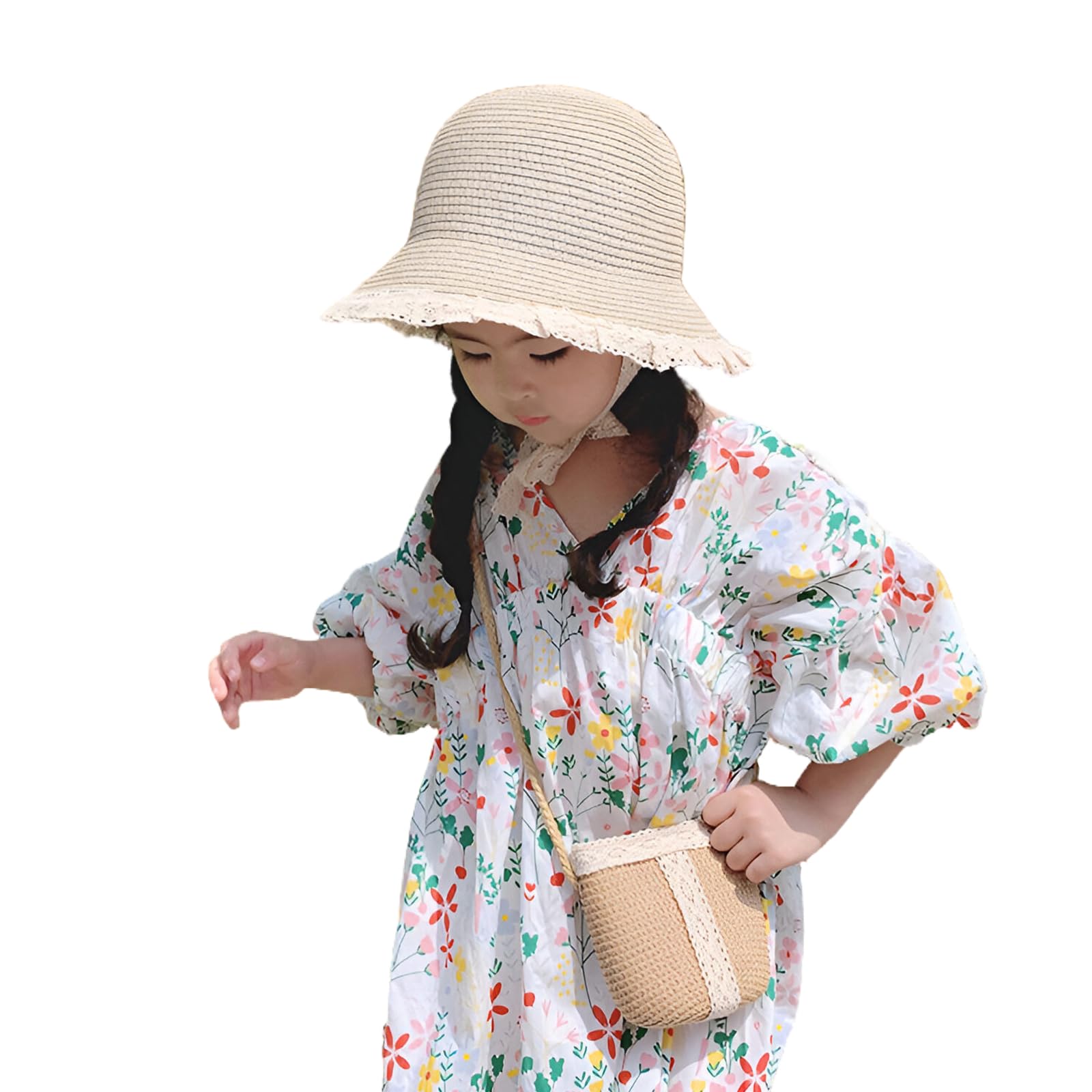 RUIXIA Ensemble Chapeau de Paille et Sac de Paille pour Fille Chapeau de Soleil avec Dentelle pour Fille Chapeaux de Soleil d'été Enfant pour Plage Voyage Randonée 2-5 Ans