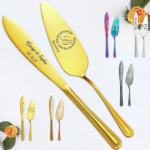 Miniatura 10 de Juego de cuchillos y servidores personalizados para tartas con grabado personalizado, para boda, acero inoxidable, cortador de pastelería, para